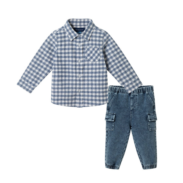 infant-buttondown-knit-denim-jogger-set-grey-gingham Sophia's StyleButton Down Shirt Set-1